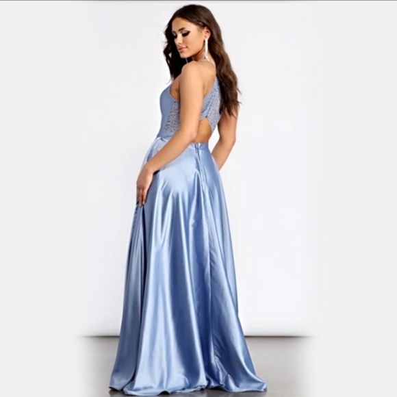 Evening Gown – Windsor – Slate Blue – Satin A‑Line Lace‑Up Back Maxi – Sz 5 - Picture 6 of 12